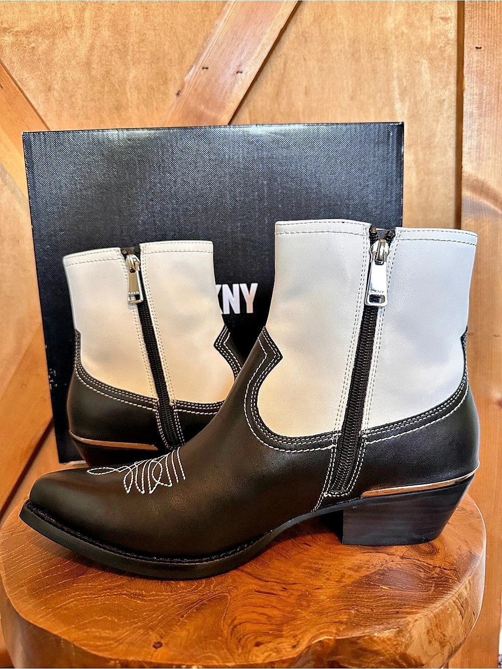 DKNY Laila Western Boot Ankle Boots in Black & White